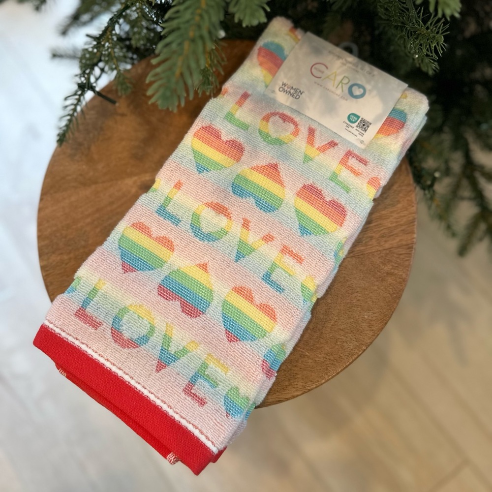 Caro home Valentine’s Day love is love kitchen towel rainbow hearts